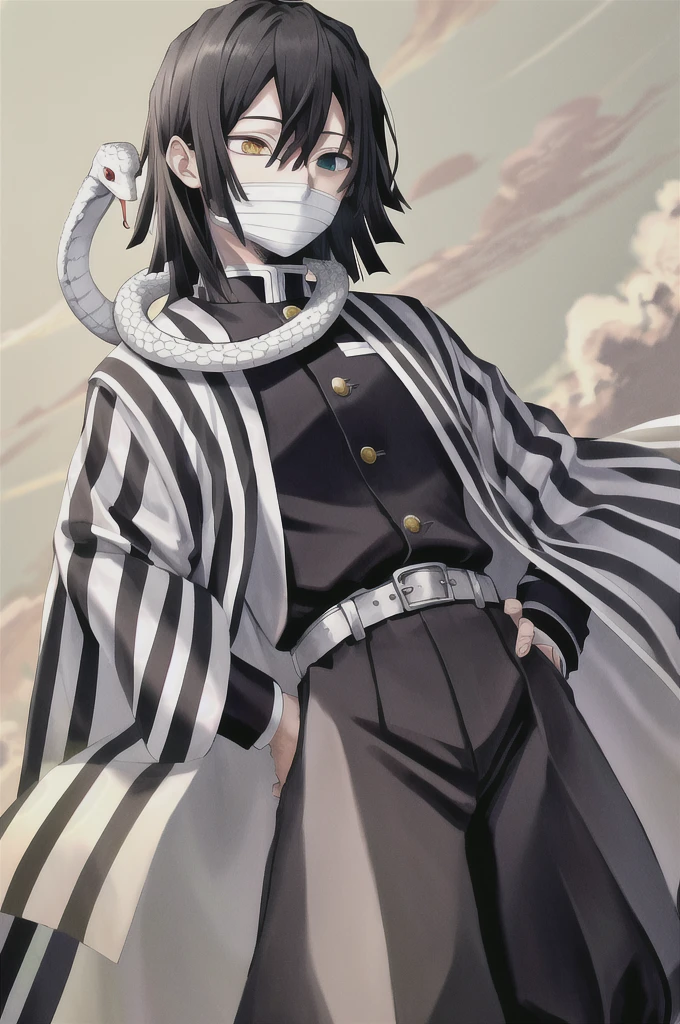 masterpiece, best quality, highres, 1boy obanai, demon slayer uniform vertical stripes jacket black pants, white snake, mask hand on hip