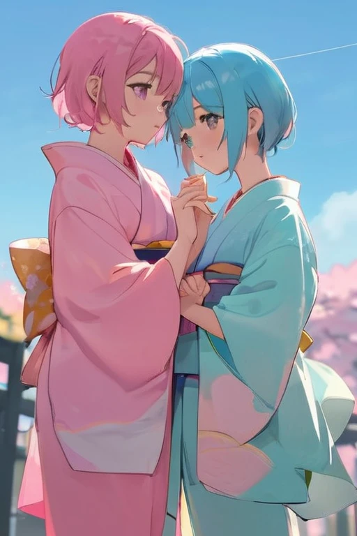 (masterpiece 1:1),(ultra hd picture), (pastel color palette), ((girl 1/girl 2) two Twin anime girls Short hair with different hair colors wearing japanese kimono with different color holding hands each other Love each other pose side by side), (girl 1: hair color pink mix with sky blue color, hair color bink with sky blue gradient , primary hair color:pink, secondary hair color: sky blue, secondary hair color is a accent) ,(girl 1: kimono color blue with yellow accent).(Blue sky pastel hair girl)(girl 2: hair color sky blue mix with pink color, hair color bink with sky blue gradient , primary hair color:sky blue, secondary hair color: pink, secondary hair color is a accent ),(girl 2: kimono color pink with yellow accent). Glowing eyes, HD results, best picture, cinematic angle, lovely expression, cute faces, Detail eyes, (4 fingers), Japan idols stages background.