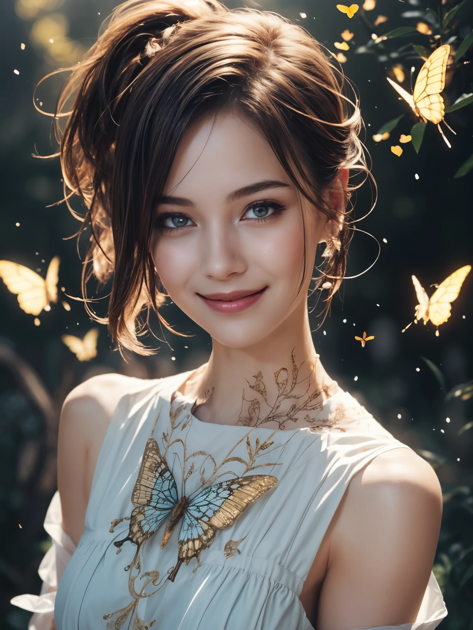 1girl, detailed face, (wet hair:0.6), looking at viewer, glittering glowing butterflies, glittering dust, sideboob, shoulder, blurry background, (realistic:1.3), dreamy, magical, mesmerizing, masterpiece, intricate details, high resolution, soft focus, soft light, professional lighting, calm smile, blush, detailed skin, photorealistic, short bob hair, ponytail, (tyndall effect:1.2),