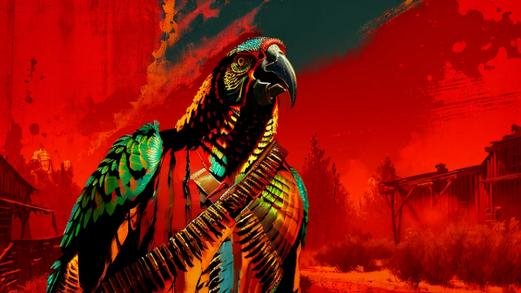 a highly detailed digital portrait of a parrot in the wild west of america, red background, everything is shattering, hyperrealistic, octane render, photorealistic, 8k, intricate details, dramatic lighting, cinematic composition, weathered, dystopian, grungy, moody, intense colors, vivid, masterpiece