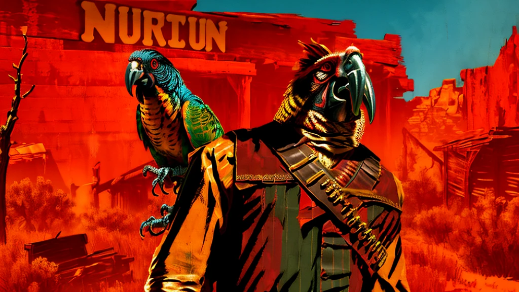 a highly detailed digital portrait of a parrot  in the wild west of america, red background, everything is shattering, hyperrealistic, octane render, photorealistic, 8k, intricate details, dramatic lighting, cinematic composition, weathered, dystopian, grungy, moody, intense colors, vivid, masterpiece