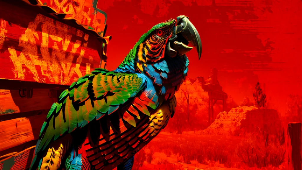 a highly detailed digital portrait of a parrot in the wild west of america, red background, everything is shattering, hyperrealistic, octane render, photorealistic, 8k, intricate details, dramatic lighting, cinematic composition, weathered, dystopian, grungy, moody, intense colors, vivid, masterpiece