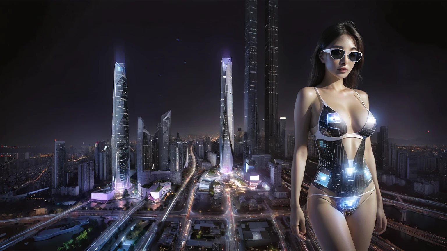 (((Aerial view))). Estilo: arte conceitual. A cena: Futuristic cityscapes with all-glass towering skyscrapers, 1drone. High-resolution OLED GUI interfaces in the building, The (((open-air))) all-glass string sky bridge is filled with transparent data visualization infographics that show it all, from weather patterns to traffic flow, (((Matrix cascading code))). Colors are saturated and vibrant, com rosas e roxos quentes dominando o horizonte, vortex back light. Matrix style, at night, extreamly dark sky, (1girl, solo), photo realistic, (large-breast:1.2 slim body, cleavage), (((sling top, extreamly short pleated miniskirt exposing panty))), (((((matrix style black sunglasses))))), (((((slightly leaning forward, aiming at camera with a (short gun), looking at camera))))), (very low view), (((half-body (thigh level) medium shot))), (cinematic lighting).