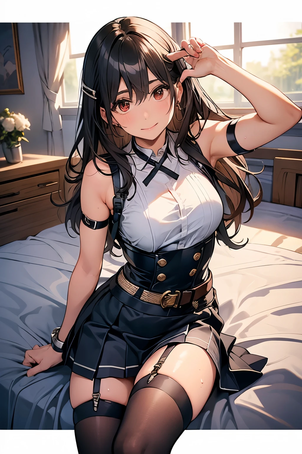 Gazing at the audience Black suspenders bulging big breasts wall mini skirt garterbelt garter vision Small face holster Beautiful woman Show me your hands Lying in bed vision Taunt ~ side ~ side汗 arm belt summer Armpit sweat