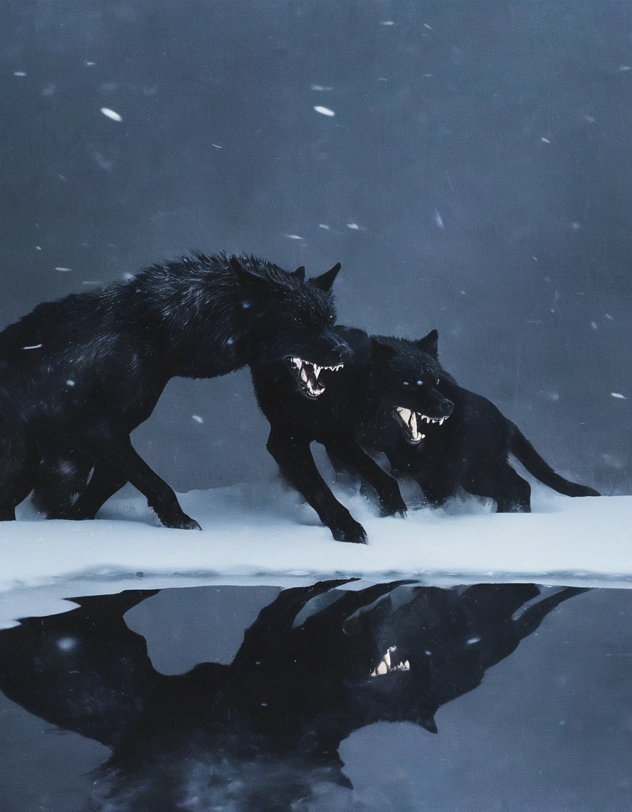 black wolves fighting in winter at night