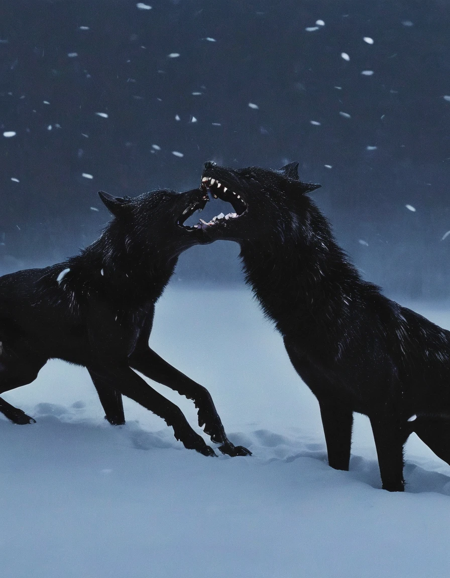black wolves fighting in winter at night