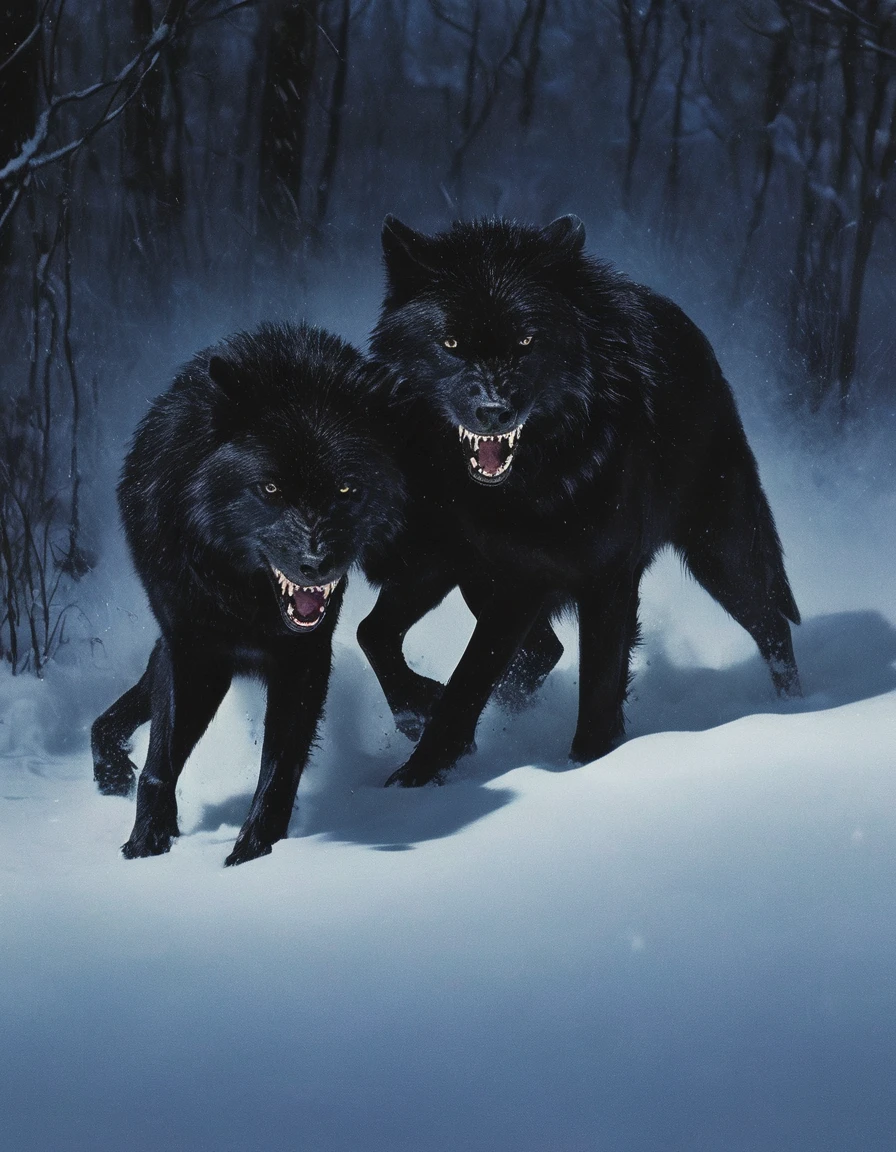 black wolves fighting in winter at night