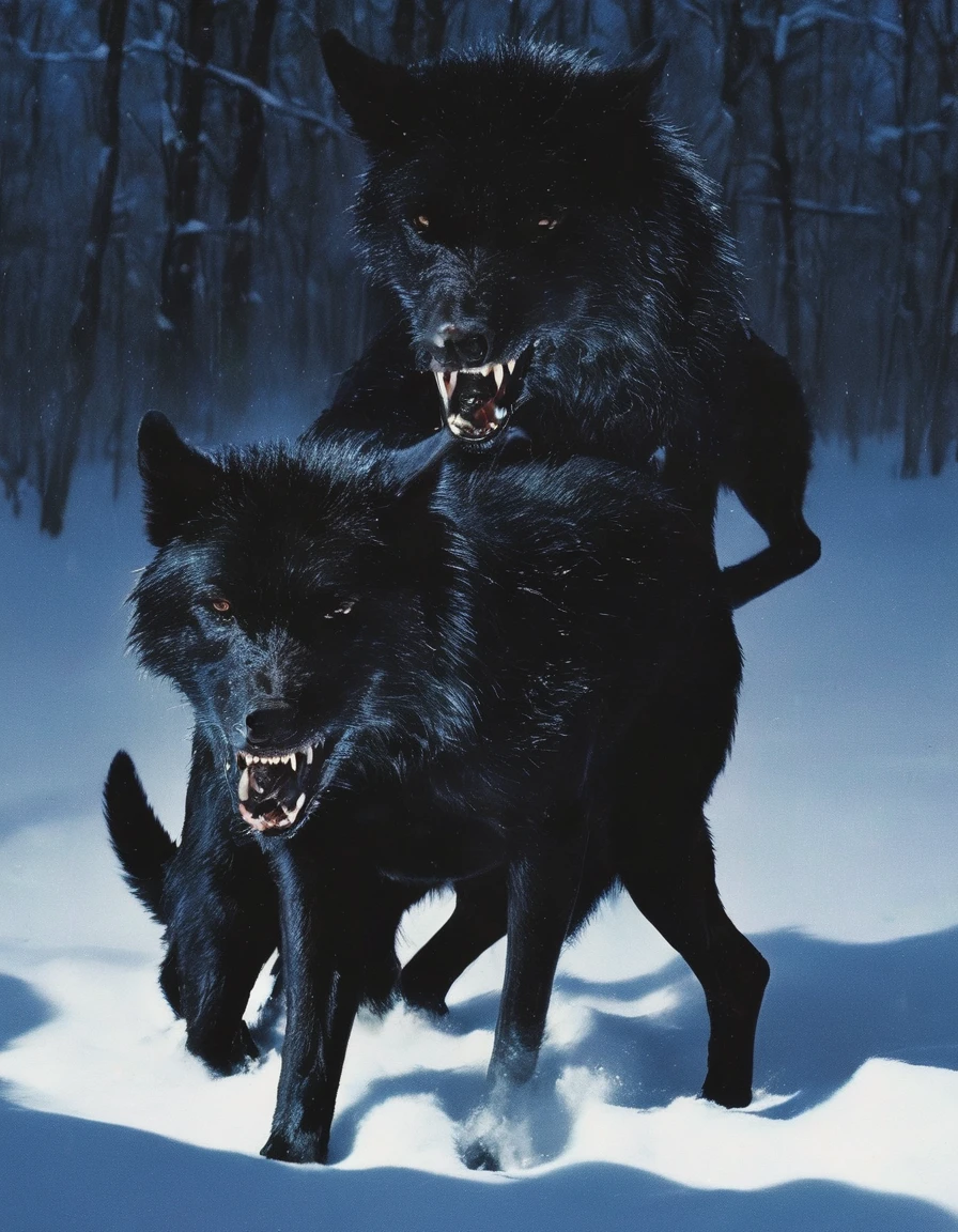 black wolves fighting in winter at night