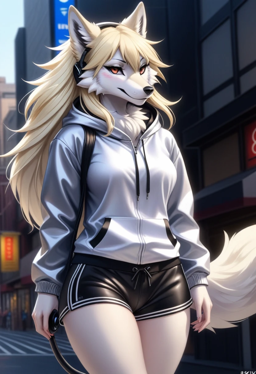  (8K, Masterpiece, high resolution, super fine illustration:1.3), (cool, beautiful, mannish:1.5), (fluffy), perfect anatomy, detailed background, (solo, silver fur, 1 female wolf kemono:1.5), (long hair), (blonde hair:1.25), downtown, (hotpants, hoodie, headphones on neck), (tall:1.25), (thicc)