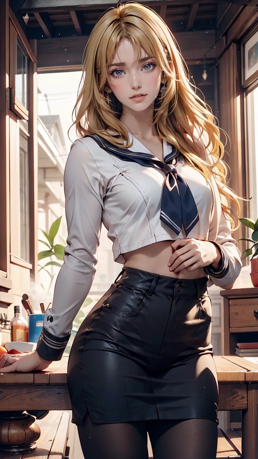 {{masterpiece, Highest quality, Highly detailed CG, unity 8k wallpaper, Cinema Lighting, }}, Sony a7, Wide Frame, South Pacific, During the war with Asian countries, Winds blowing on the Aegis ship, 1 Girl, whole body, smile, She is a US Navy sailor., White people, 20-year-old, smile, Blonde, Short Bob, blue eyes , Long eyelashes ,Eyeshadow、lipstick、Sexy proportions、Narrow waist、Sexy、Create flexibility((A seductive gesture))