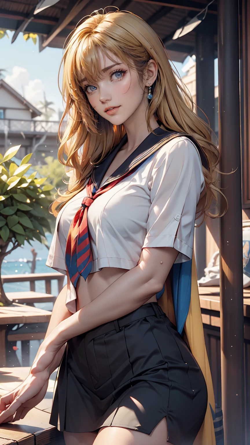{{masterpiece, Highest quality, Highly detailed CG, unity 8k wallpaper, Cinema Lighting, }}, Sony a7, Wide Frame, South Pacific, During the war with Asian countries, Winds blowing on the Aegis ship, 1 Girl, whole body, smile, She is a US Navy sailor., White people, 20-year-old, smile, Blonde, Short Bob, blue eyes , Long eyelashes ,Eyeshadow、lipstick、Sexy proportions、Narrow waist、Sexy、Create flexibility((A seductive gesture))