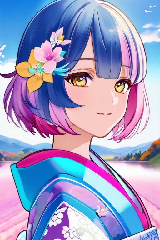 (masterpiece 1:1),(ultra hd picture), (pastel color palette), ((girl 1/girl 2) two Twin anime girls Short hair with different hair colors wearing japanese kimono with different color holding hands each other Love each other pose side by side), (girl 1: hair color pink mix with sky blue color, hair color bink with sky blue gradient , primary hair color:pink, secondary hair color: sky blue, secondary hair color is a accent) ,(girl 1: kimono color blue with yellow accent).(Blue sky pastel hair girl)(girl 2: hair color sky blue mix with pink color, hair color bink with sky blue gradient , primary hair color:sky blue, secondary hair color: pink, secondary hair color is a accent ),(girl 2: kimono color pink with yellow accent). Glowing eyes, HD results, best picture, cinematic angle, lovely expression, cute faces, Detail eyes, (4 fingers), Japan idols stages background.