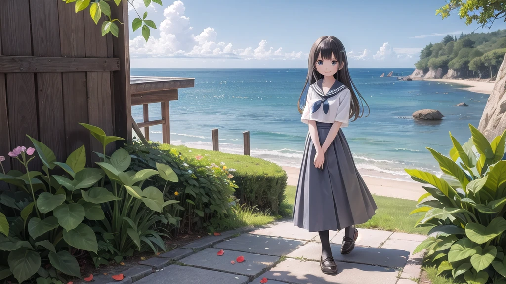 wallpaper, Clear face, (masterpiece), town, blue sky, One Girl, Place the person on the right, smile, alone, Sailor suit、Long skirt, Overgrown, petal, plant、Skirt lining、White slip、nostalgic、pantyhose(gray)、I can see the ocean in the distance, Crotch close-up