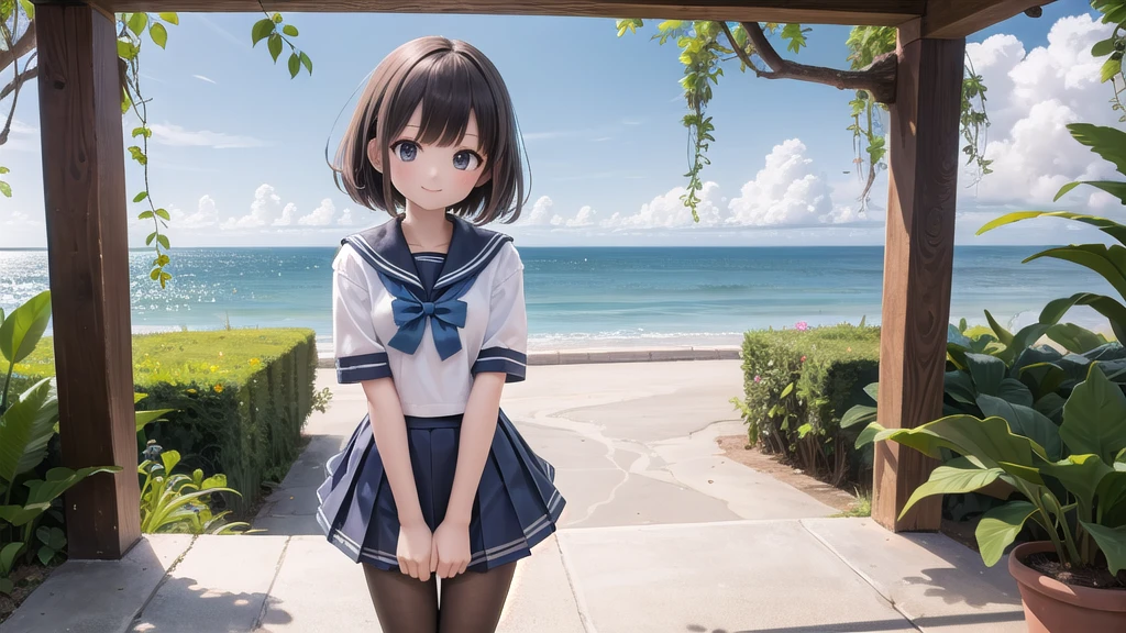 wallpaper, Clear face, (masterpiece),  town,  blue sky,  One Girl, Place the person on the right,  smile,  alone,  Sailor suit、Long skirt,  Overgrown,  petal,  plant、Skirt lining、White slip、nostalgic、pantyhose（gray）、I can see the ocean in the distance, Crotch close-up