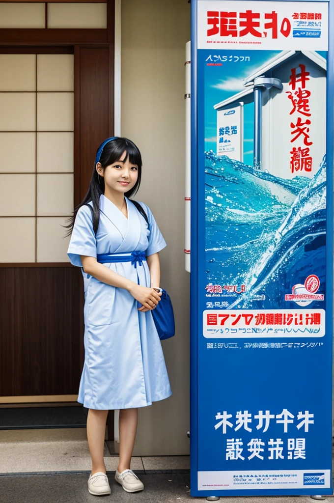 Japanese girl standing next to an advertisement for a mitshu brand water purifier