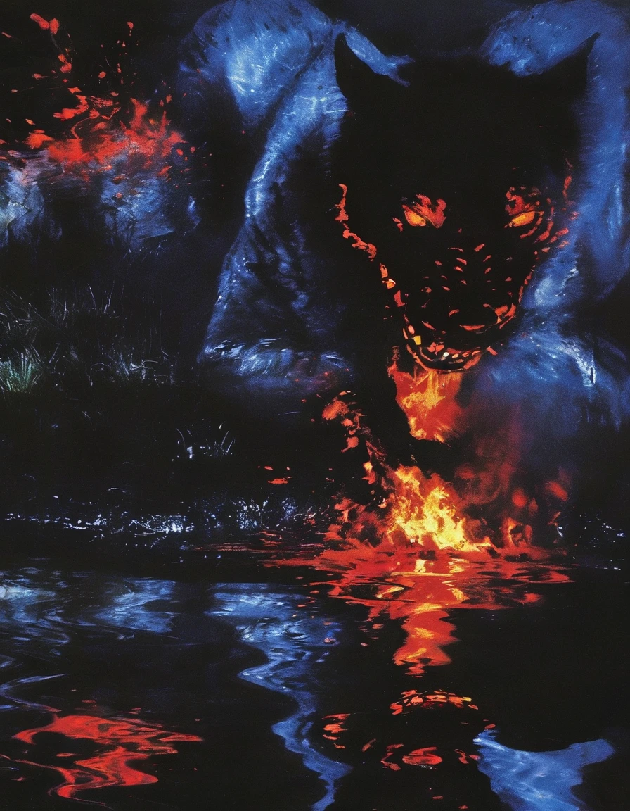 ong view of fire on black water, blue night city background