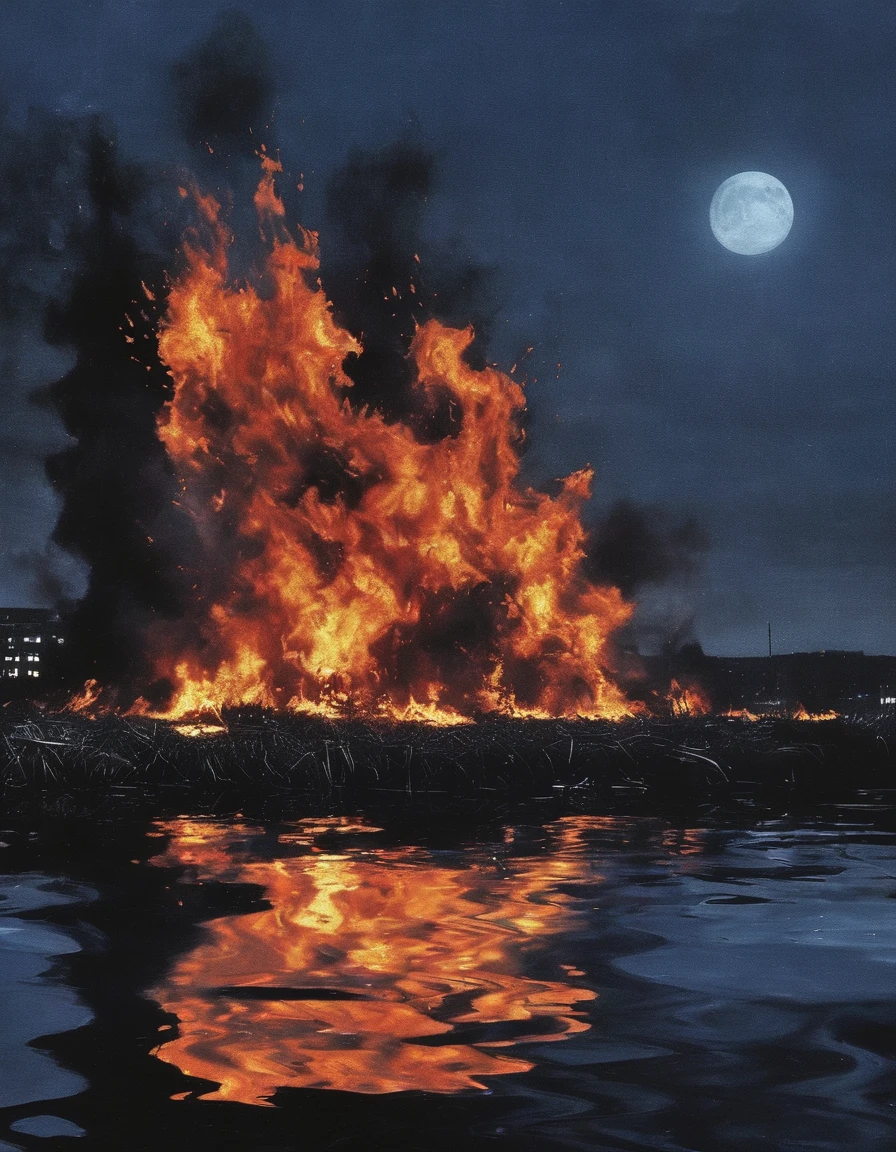 ong view of fire on black water, blue night city background
