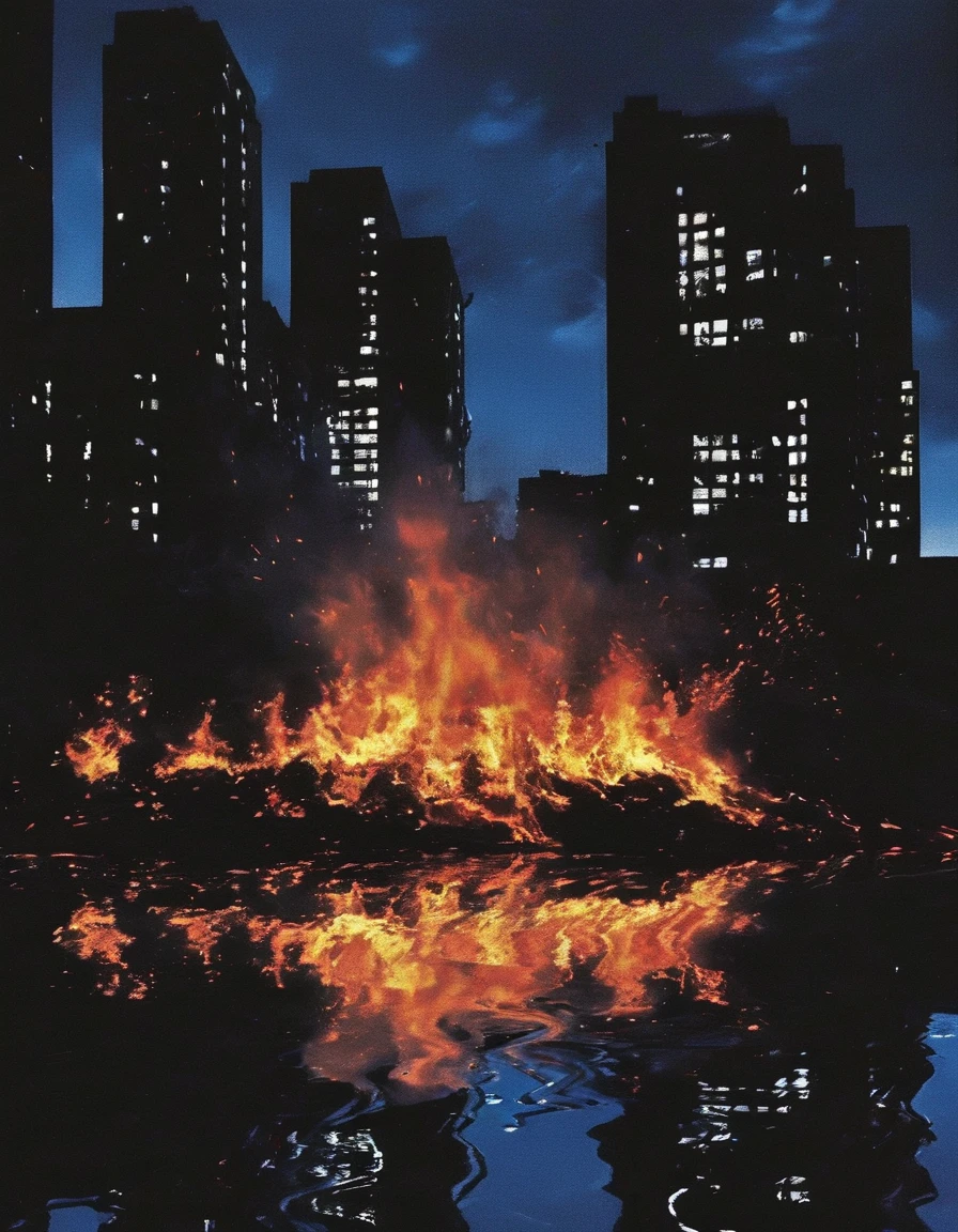 ong view of fire on black water, blue night city background