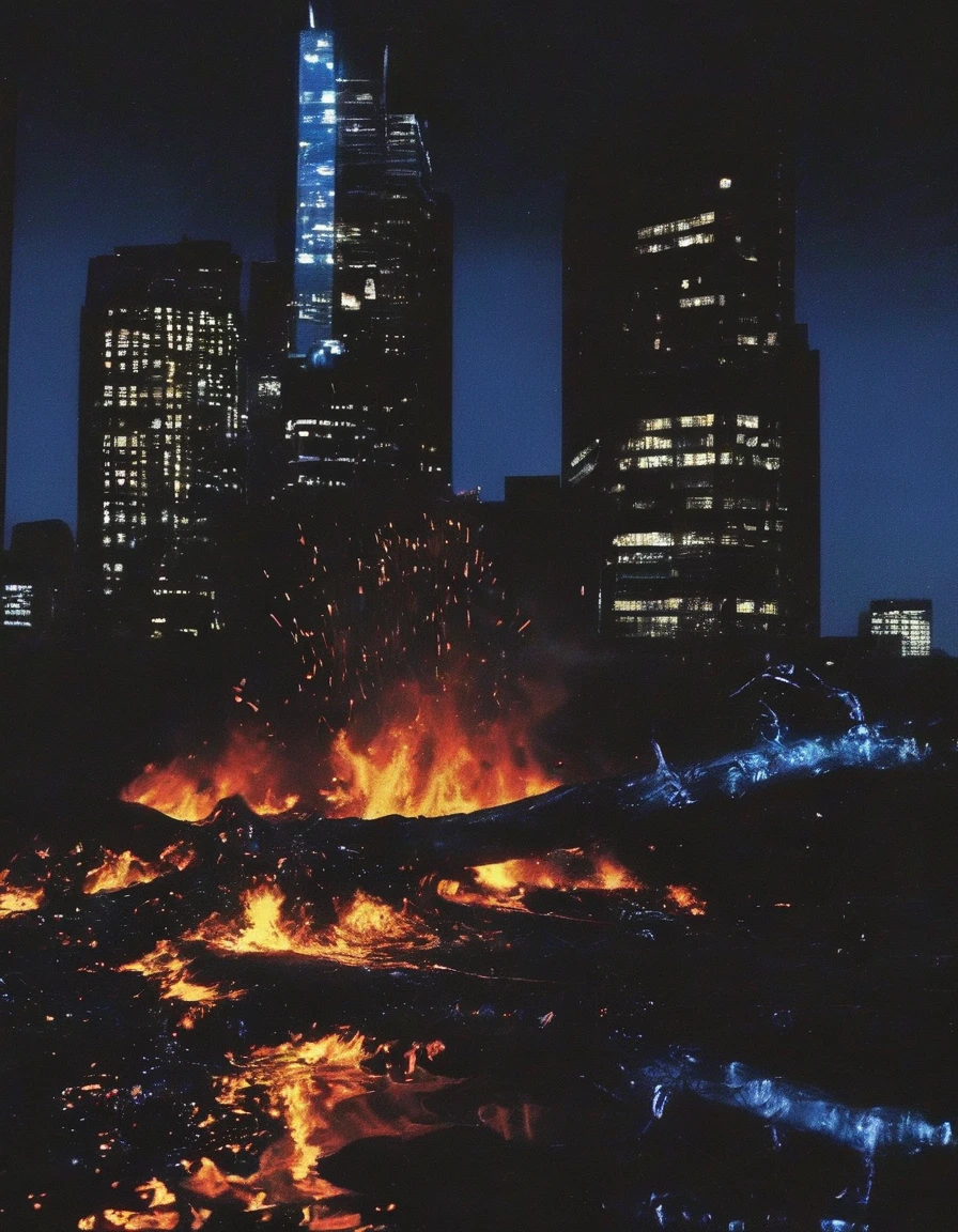 ong view of fire on black water, blue night city background
