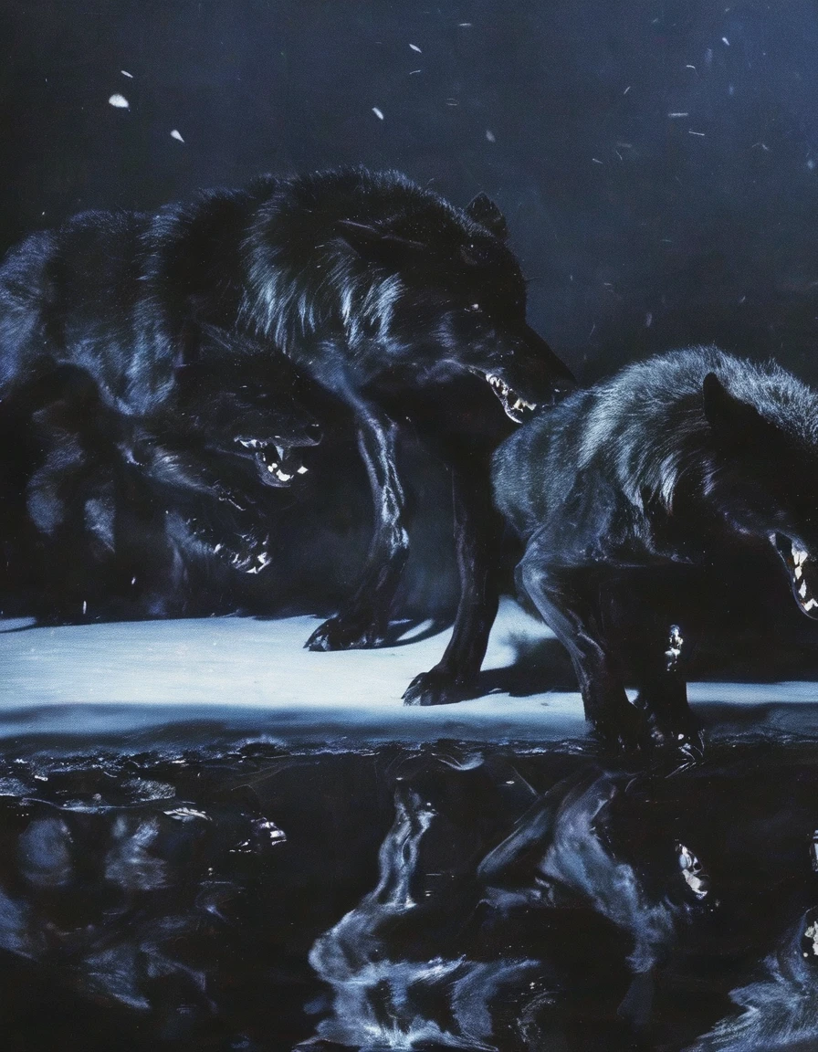 black wolves fighting in winter at night, night city background