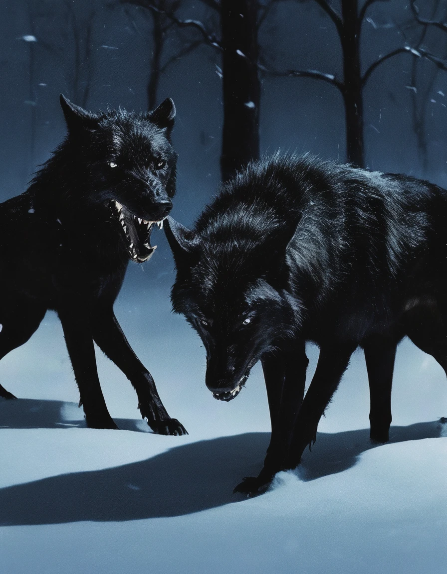 black wolves fighting in winter at night, night city background