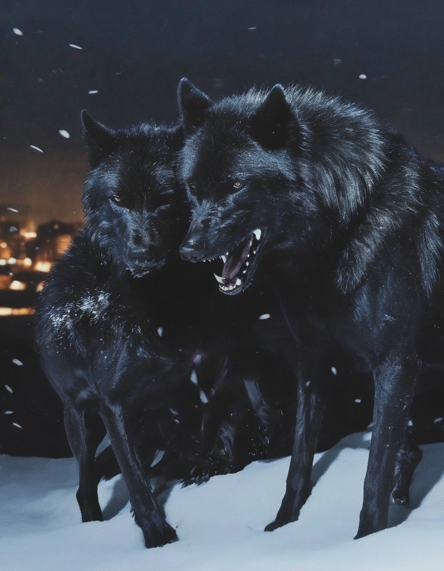 black wolves fighting in winter at night, night city background