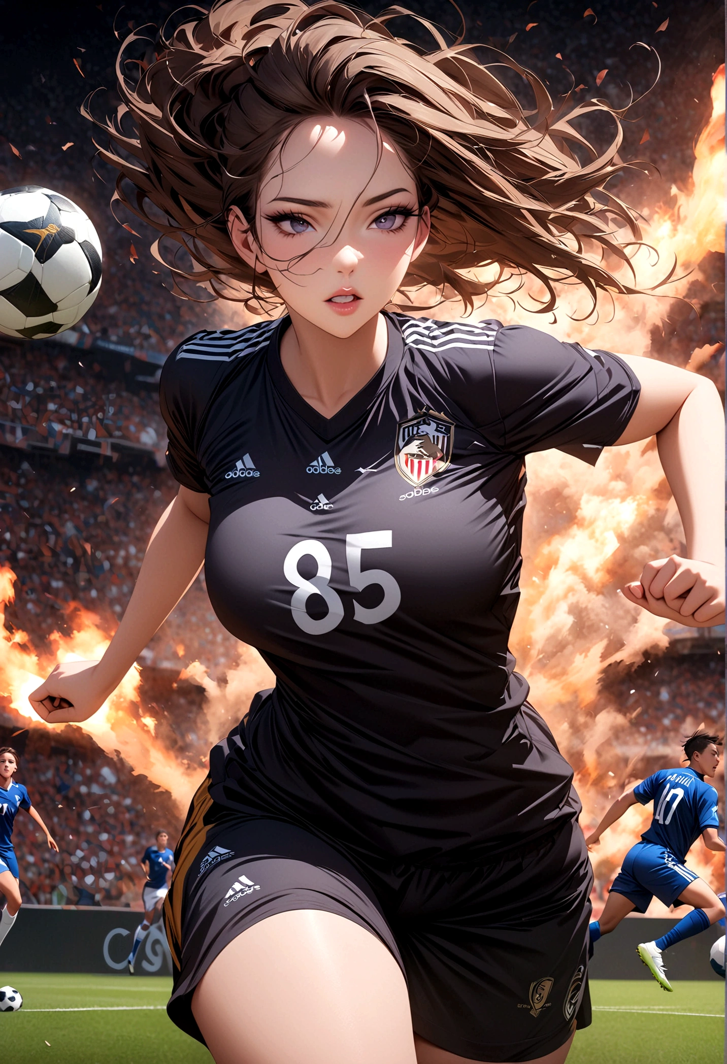 ((Masterpiece, top quality, high resolution)), ((highly detailed CG unified 8K wallpaper)), (huge stunning goddess shot, very hot and sexy, jaw-dropping beauty, perfect proportions, beautiful body, slim body beauty:1.1), soccer players in action on a soccer field during a game, soccer, sports photography, playing soccer, soccer player, sport game, sport photography, shutterstock, football, the best ever, attacking, cover shot, interrupting the big game, football player, professional sports style, trending dribble, best on adobe stock, by Wayne England, action shot, dynamic action shot, 