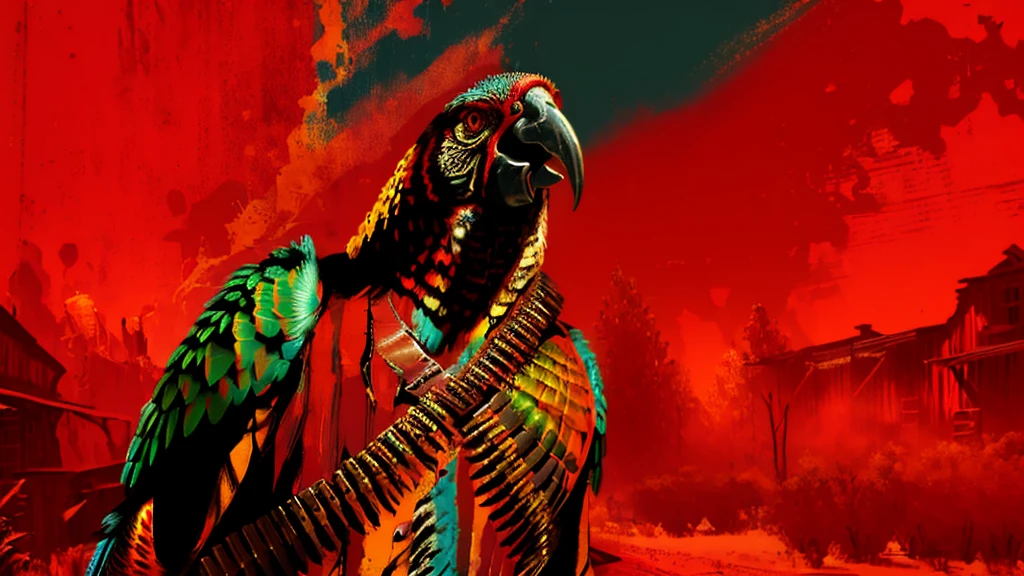 a highly detailed digital portrait of a parrot  in the wild west of america, red background, everything is shattering, hyperrealistic, octane render, photorealistic, 8k, intricate details, dramatic lighting, cinematic composition, weathered, dystopian, grungy, moody, intense colors, vivid, masterpiece