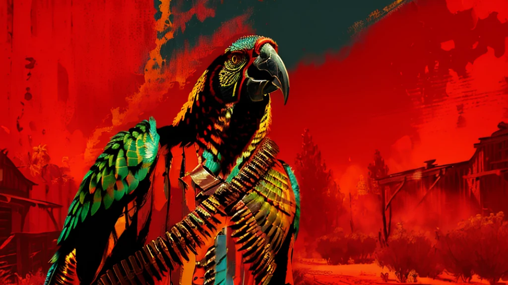 a highly detailed digital portrait of a parrot in the wild west of america, red background, everything is shattering, hyperrealistic, octane render, photorealistic, 8k, intricate details, dramatic lighting, cinematic composition, weathered, dystopian, grungy, moody, intense colors, vivid, masterpiece