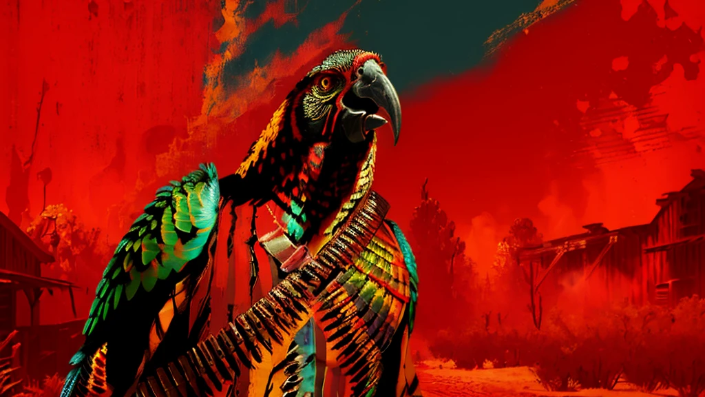 a highly detailed digital portrait of a parrot  in the wild west of america, red background, everything is shattering, hyperrealistic, octane render, photorealistic, 8k, intricate details, dramatic lighting, cinematic composition, weathered, dystopian, grungy, moody, intense colors, vivid, masterpiece