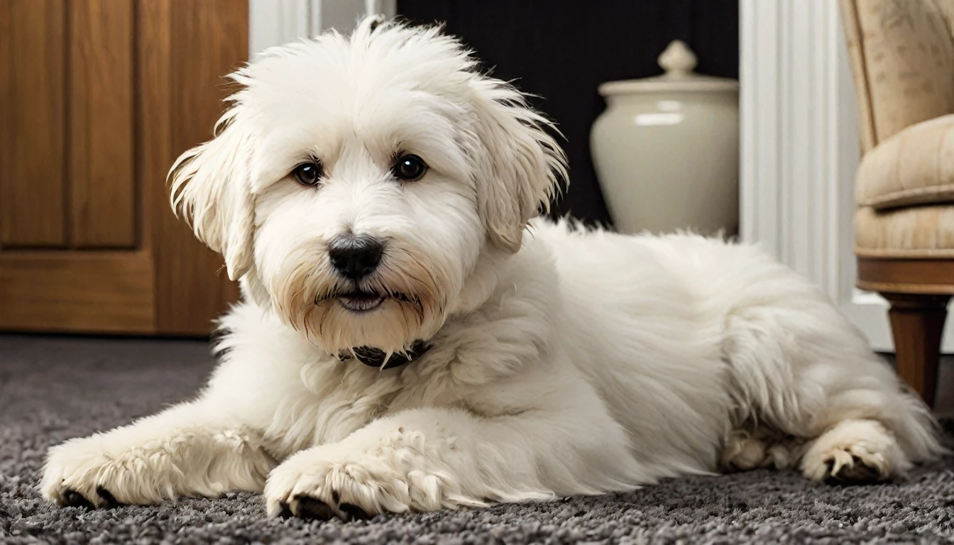 I understand. I'll create an English prompt to generate an image similar to the fluffy white dog shown in these photos. Here's the prompt:

"Two images of a fluffy white dog, possibly a Goldendoodle or similar breed:

1. Close-up of the dog's face and upper body. The dog has a round, fluffy face with long, soft fur. Its eyes are dark and expressive, with a black nose visible. The fur around its face is slightly uneven, giving it a natural, tousled look. The dog is lying on a light grey carpet or floor.

2. The same dog peeking over a dark surface, possibly a couch or table. Only its head and one paw are visible. The dog's face is round and fluffy, with a slight tilt to its head. Its fur is white and voluminous, especially around the face and ears. The background shows brown curtains or a door.

In both images, the dog's fur is long and natural, not closely trimmed or styled. The overall appearance is very soft and cuddly, with a teddy bear-like quality to its face. The dog's expression is gentle and slightly curious."

This prompt captures the key features of the dog in the images, including its fluffy appearance, natural fur style, and the two different poses shown.