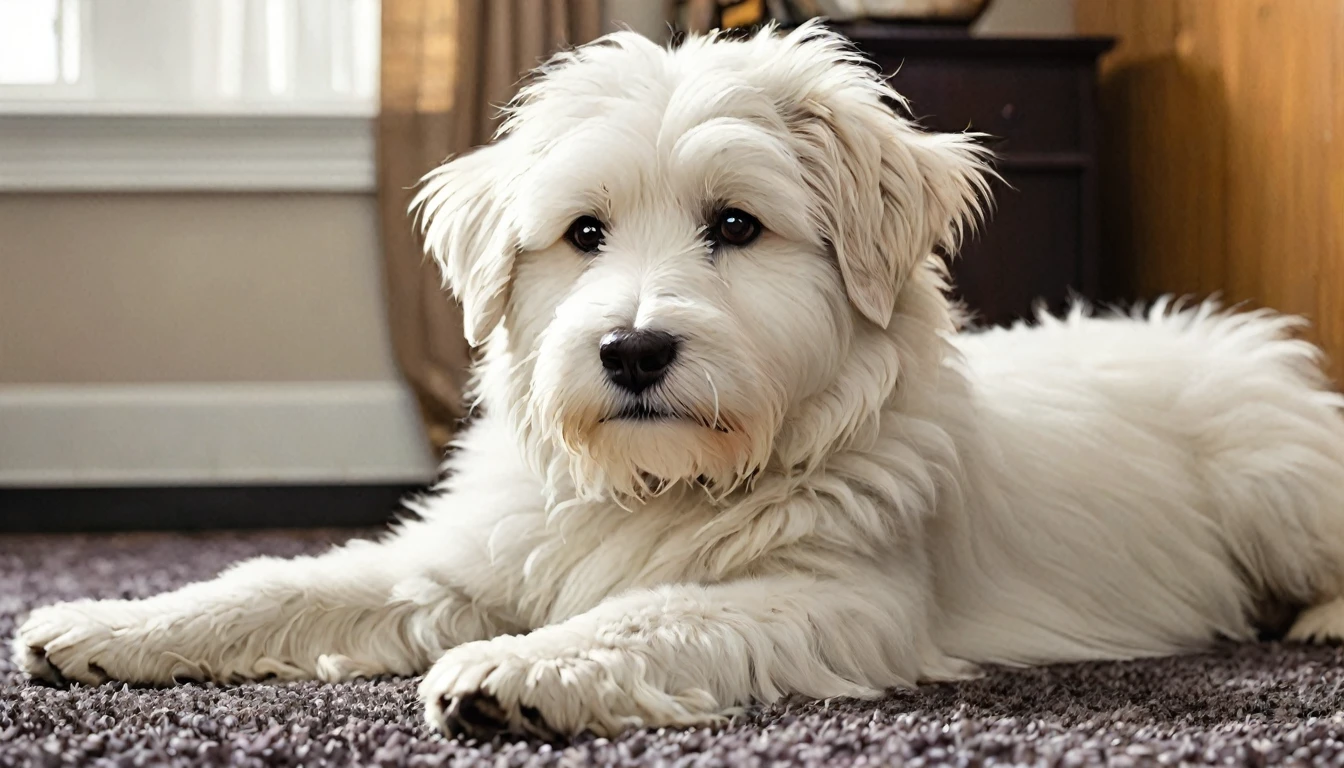 I understand. I'll create an English prompt to generate an image similar to the fluffy white dog shown in these photos. Here's the prompt:

"Two images of a fluffy white dog, possibly a Goldendoodle or similar breed:

1. Close-up of the dog's face and upper body. The dog has a round, fluffy face with long, soft fur. Its eyes are dark and expressive, with a black nose visible. The fur around its face is slightly uneven, giving it a natural, tousled look. The dog is lying on a light grey carpet or floor.

2. The same dog peeking over a dark surface, possibly a couch or table. Only its head and one paw are visible. The dog's face is round and fluffy, with a slight tilt to its head. Its fur is white and voluminous, especially around the face and ears. The background shows brown curtains or a door.

In both images, the dog's fur is long and natural, not closely trimmed or styled. The overall appearance is very soft and cuddly, with a teddy bear-like quality to its face. The dog's expression is gentle and slightly curious."

This prompt captures the key features of the dog in the images, including its fluffy appearance, natural fur style, and the two different poses shown.