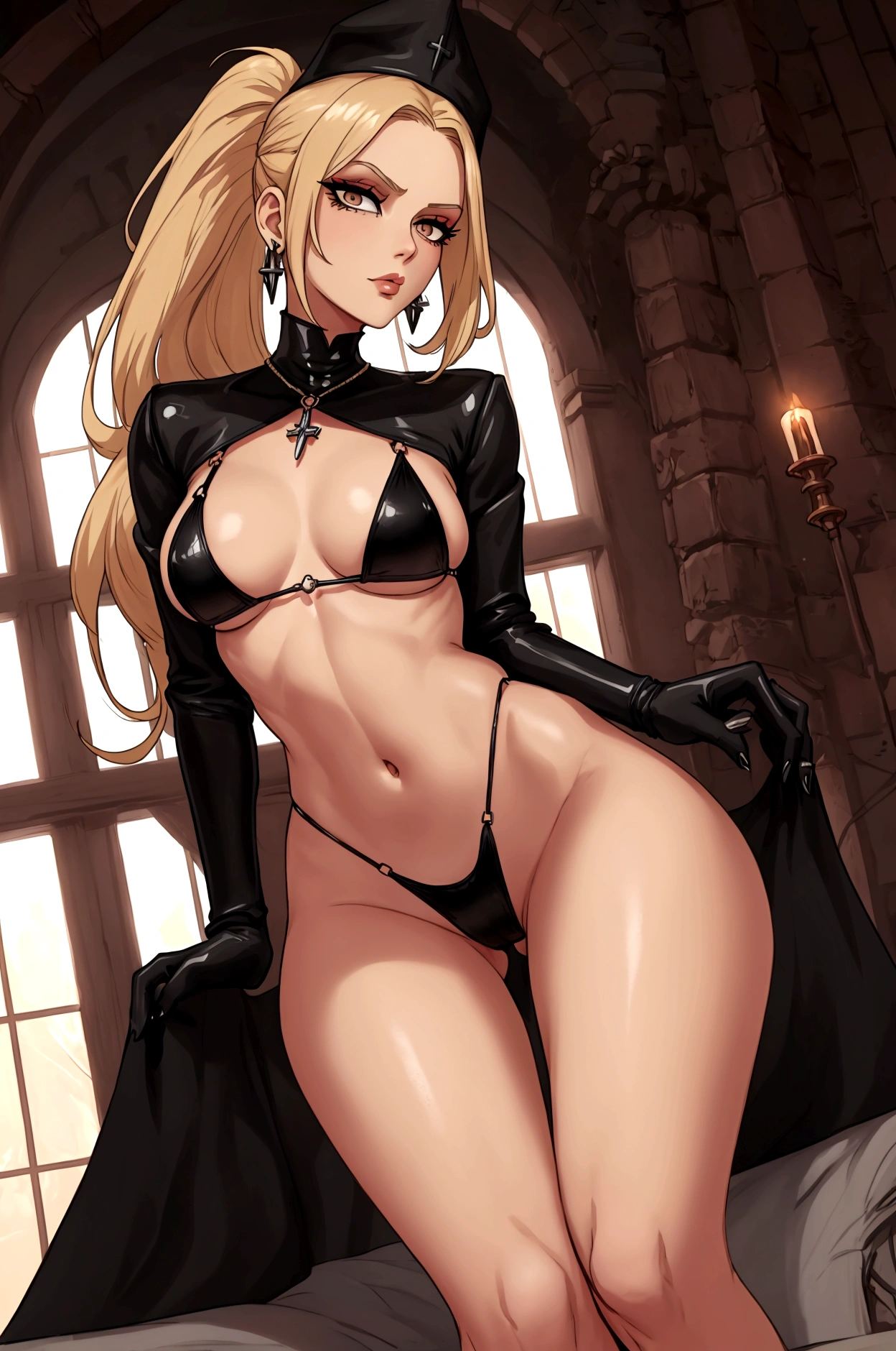 Very tall, slim ; nun; blonde hairs and incredible long ponytail; strong goth makeup; brown eyes; small firm,pointy breansual midriff; wearing jewelery, necklace, earrings, transparent black bikini top, short leather jacket, visible fancy figa thongings; gloves, rings, church, best quality, expressive eyes, perfect face, masterpiece, slim body, very long legs, detailed stomach, detailed hips, detailed legs, carefully drawn toes, carefully drawn feet, carefully drawn hands, best quality, drawn with careful, Dynamic Angle, Highly detailed, seductive eyes