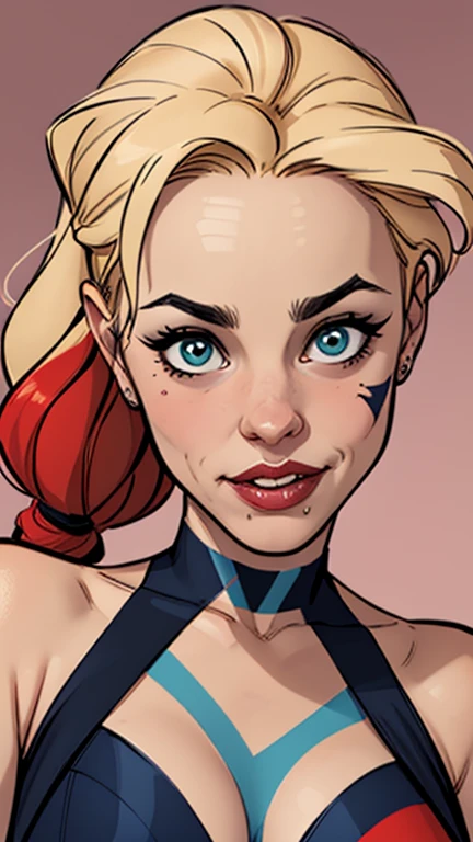 Compensation! Here is the revised and cleaner text:
--- Character: Battle-scarred Harley Quinn.
Description: Cartoon image of a woman. cartoon style illustration, with highly detailed character design. detailed digital art, showing courage and high quality portrait.
characteristics:
- Portrait character design - Beautiful digital illustration - Comic art - Young girl with braided hair - Beautiful lined eyes - Medium-large bust and wonderful sexy clothes - Expression of sexual desire from waist to head ---