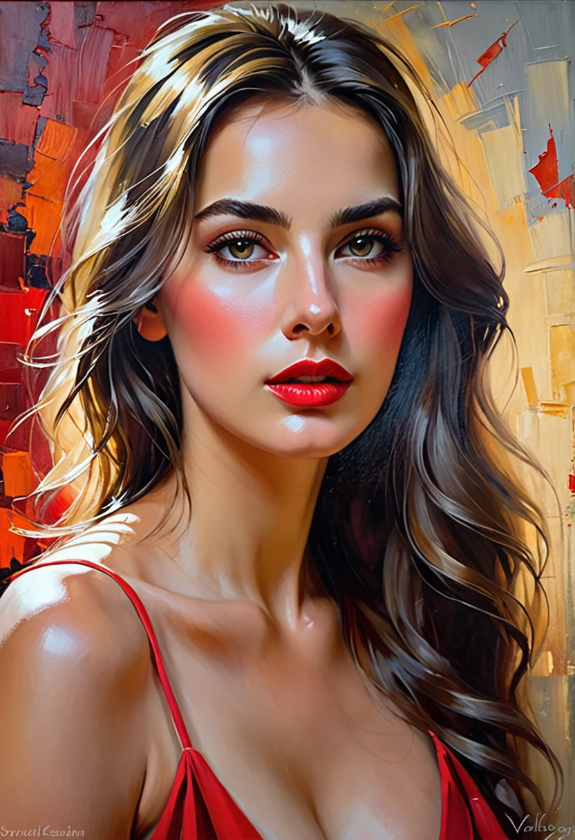 A vibrant and captivating painting of a woman, her enchanting beauty radiating from the canvas. She is wearing a red dress that hugs her curves and exposes her figure from a perfect angle. Her alluring gaze captures your heart, causing it to melt. The background is a blend of soft and bold colors, with a sense of depth and perspective. As she gently touches the frame, the viewer feels their heart explode with love and affection., vibrant, painting