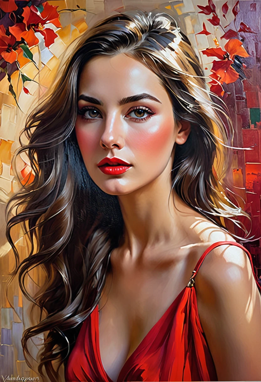 A 30-year-old Greek woman, a stunning beauty, a work of art, amazingly realistic art. complicated details Skin glows in the soft light. Eyes mesmerizing with depth and emotion, dark eyelashes, softly painted lips with natural colors, long hair., revealing red dress, acrylic painting, expressive lines, Impressionist style surreal background, paint texture brush Special light and shadow, high contrast, fine art painting Vladimir volegov, (Vadim Kashin)