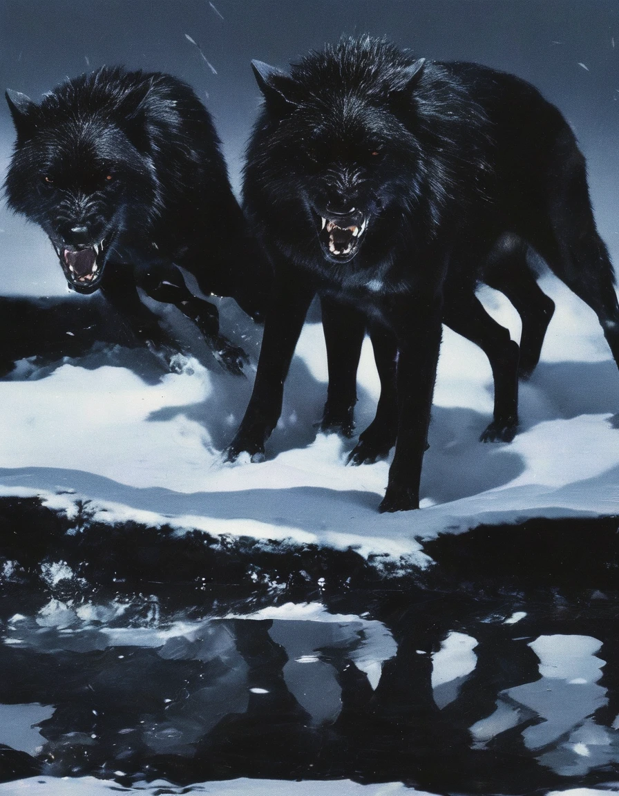 black wolves fighting in winter at night, snow with blood background