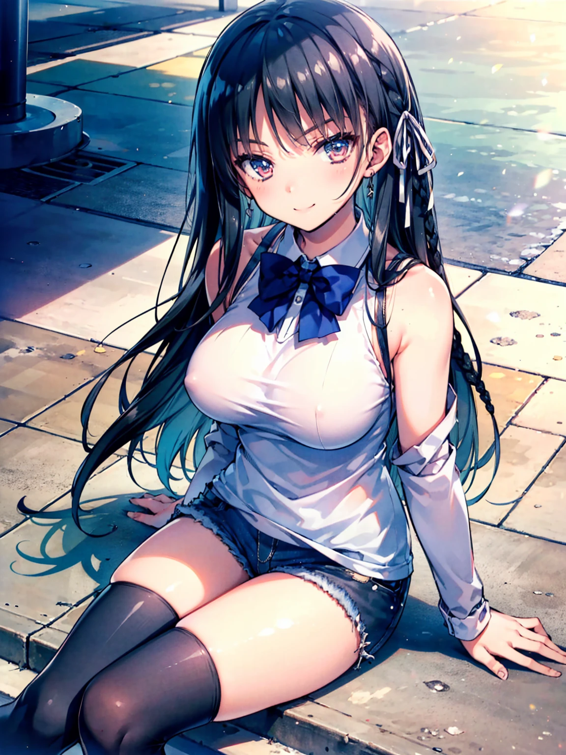 (8K, Highest quality, Highest quality, masterpiece), sit on the floor, aasuzune, long hair, black hair, (single braid:1.2), hair ribbon, black tank top, blue bowtie, long sleeves, black thighhighs, smile, denim hot shorts, mini shorts, big breasts