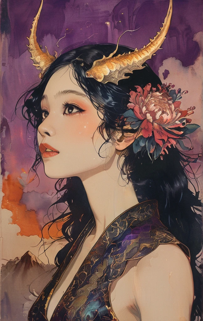 A white dragon lies in the middle of an endless field full of purple flowers, surrounded by snow-capped mountains and a blue sky sparkling with golden sunset rays. The whole scene is filled with a dreamy atmosphere, with vibrant colors and detailed background elements rendered in high resolution and detailed in a top quality illustration style. (Highest quality,4K,8K,High resolution,masterpiece:1.2),Super detailed,(Realistic,photoRealistic,photo-Realistic:1.37),Hot thick succubus mom with long black hair, deep black lips, She wears a revealing black leather outfit with BDSM themes.. Her outfit consists of a seductive bustier, accentuate her voluptuous figure. Her skin is a captivating shade of fiery red, Exudes a devilish charm. A pair of majestic demon wings gracefully grow from her back., Intricately detailed and intricately painted patterns. On her head, She has enchanted tiefling horns, Embodying her other-dimensional existence. The artwork should capture her captivating aura., Showing her confidence and strength. The lighting in the scene should accentuate the seductive curves of her body., Project dramatic shadows and highlights. The color palette should evoke a sense of darkness and desire., Rich black contrast, red, deep chestnut color.