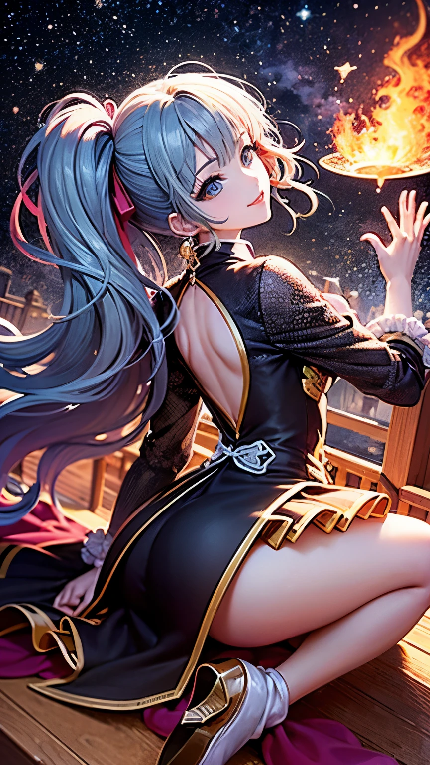 8K resolution, masterpiece, Highest quality, Award-winning works, unrealistic, From above, erotic, sole sexy lady, healthy shaped body, Anatomically accurate skeleton, 22 years old, black mage, 170cm tall, huge firm bouncing busts,, white silver long wavy hair, Detailed facial depictions, Break, Mysterious blue eyes, Standard nose, Eyeliner, pink lips, sexy long legs, Transparent and shiny skin, holy knight, Gothic ruffle long dress, A dress with a complex structure, Seven-colored colorful dress, Clothed in flames, royal coat of arms, elegant, Very detailed, Delicate depiction of hair, miniature painting, Digital Painting, artステーション, コンセプトart, Smooth, Sharp focus, shape, artジャム、Greg Rutkowski、Alphonse Mucha、William Adolphe Bouguereau、art:Stephanie Law , Royal Jewel, nature, Symmetric, Greg Rutkowski, Charlie Bowwater, Unreal, Surreal, Dynamic Lighting, ファンタジーart, Complex colors, Buddhist Mandala, Colorful magic circle, flash, dynamic sexy poses, A kind smile, Mysterious Background, Aura, A gentle gaze, BREAK, Small faint lights and flying fireflies, night, lanthanum, 山の頂From above下界を見下ろす, Starry Sky, milky way, nebula, shooting star, Flowers, birds, wind and moon, (Back view, Looking back towards the camera:1.3), chant healing magic, A pillar of light stretching to the sky, Laser beam, Climb the stairs to heaven
