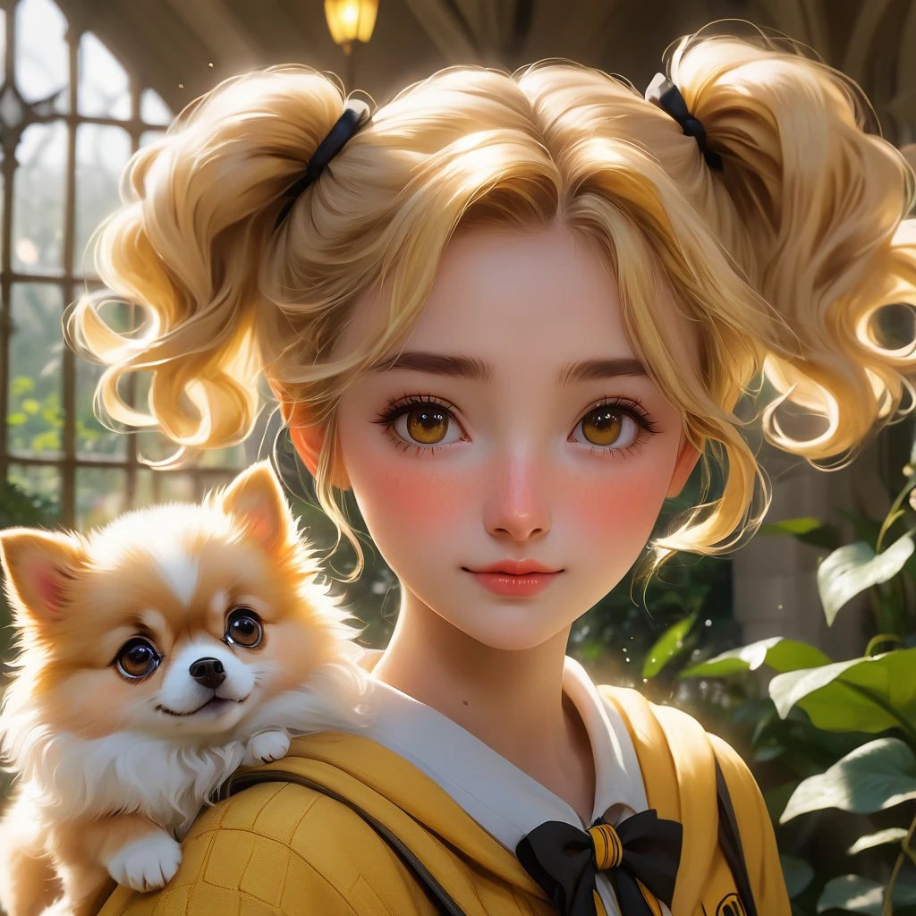 Best quality, masterpiece, Hogwarts student, Hufflepuff, short hair, high twin tails. Short golden blonde twintailed hair, serious, very mischievous, cute and bright, with freckles on her face, along with her super cute Pomeranian puppy in detail. brown eyes A delicate face, beautiful skin, the background is in the Hogwarts greenhouse, soft, mysterious light, soft shadows. Detailed textures, dynamic lighting