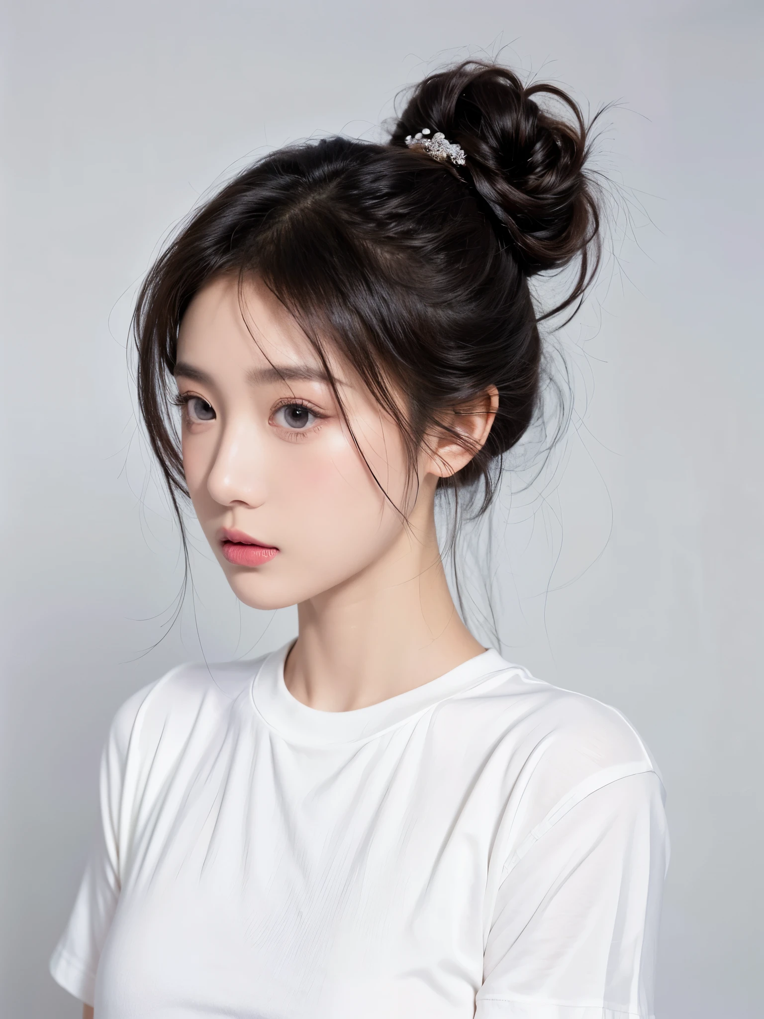 masterpiece,Best picture quality,Extreme details,Ultra-high resolution,Ultra-high definition,Beautiful young people,Glowing skin,thin,Black Hair,Half bun,1,big eyes,beautiful eyes,Lipstick,Exquisite facial features,bust,Looking at the viewer, t-shirt,Single tone background,White background,Soft light,Profile