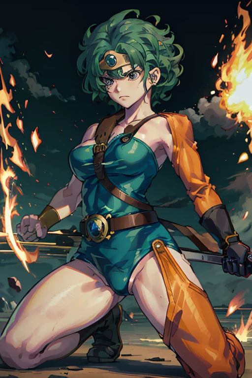Anime Artwork Anime Artwork Masterpiece,most、high quality, Unreal Engine, Ultra-high resolution, Very detailed丸い胸, 1 person with medium chest, Waist, thin,(Muscular:0.9)
heroine,
Circlet, Curly Hair, Green Hair, short hair, Asymmetrical clothing, leotard, belt, One-handed gloves, Single Sleeve, Single Thigh High Cave, Holding a sword, . Anime Style, Key Visual, Vibrant, Studio Anime, Very detailed、 I'm running out of life. ragged equipment. kneel on one knee. be attacked by fire by the enemy.The leotard is torn to pieces.be on the verge of death by an attack from the enemy.My body and mind are worn out.The leotard is torn.The wound is bleeding.I can't avoid an attack from the enemy.
