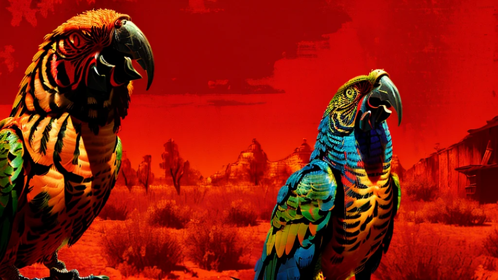 a highly detailed digital portrait of a parrot in the wild west of america, red background, everything is shattering, hyperrealistic, octane render, photorealistic, 8k, intricate details, dramatic lighting, cinematic composition, weathered, dystopian, grungy, moody, intense colors, vivid, masterpiece