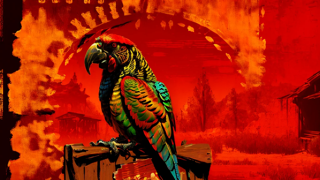 a highly detailed digital portrait of a parrot in the wild west of america, red background, everything is shattering, hyperrealistic, octane render, photorealistic, 8k, intricate details, dramatic lighting, cinematic composition, weathered, dystopian, grungy, moody, intense colors, vivid, masterpiece