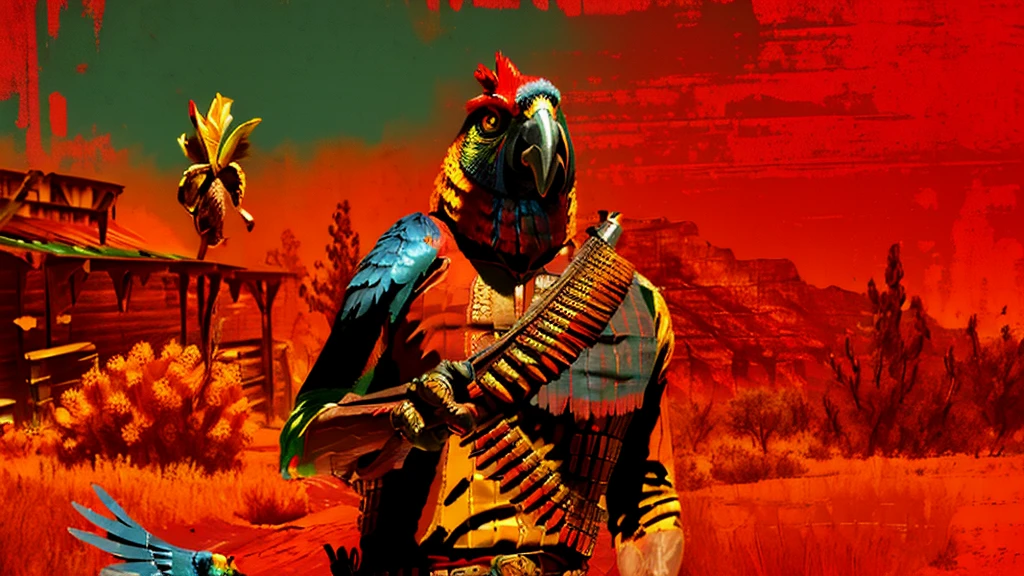 a highly detailed digital portrait of a parrot in the wild west of america, red background, everything is shattering, hyperrealistic, octane render, photorealistic, 8k, intricate details, dramatic lighting, cinematic composition, weathered, dystopian, grungy, moody, intense colors, vivid, masterpiece