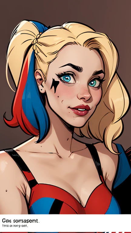 Compensation! Here is the revised and cleaner text:
--- Character: Battle-scarred Harley Quinn.
Description: Cartoon image of a woman. cartoon style illustration, with highly detailed character design. detailed digital art, showing courage and high quality portrait.
characteristics:
- Portrait character design - Beautiful digital illustration - Comic art - Young girl with braided hair - Beautiful lined eyes - Medium-large bust and wonderful sexy clothes - Expression of sexual desire from waist to head ---