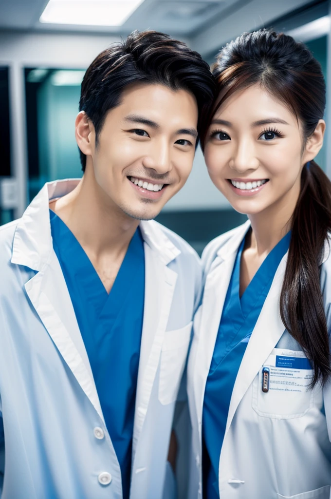 Male dentist and female dental hygienist　２people　A good business partner　日本people　Wearing a lab coat　Wearing all-black medical scrubs　Upper body close-up　high resolution　high resolution　Highest quality　Look straight ahead　Handsome Men and Beautiful Women