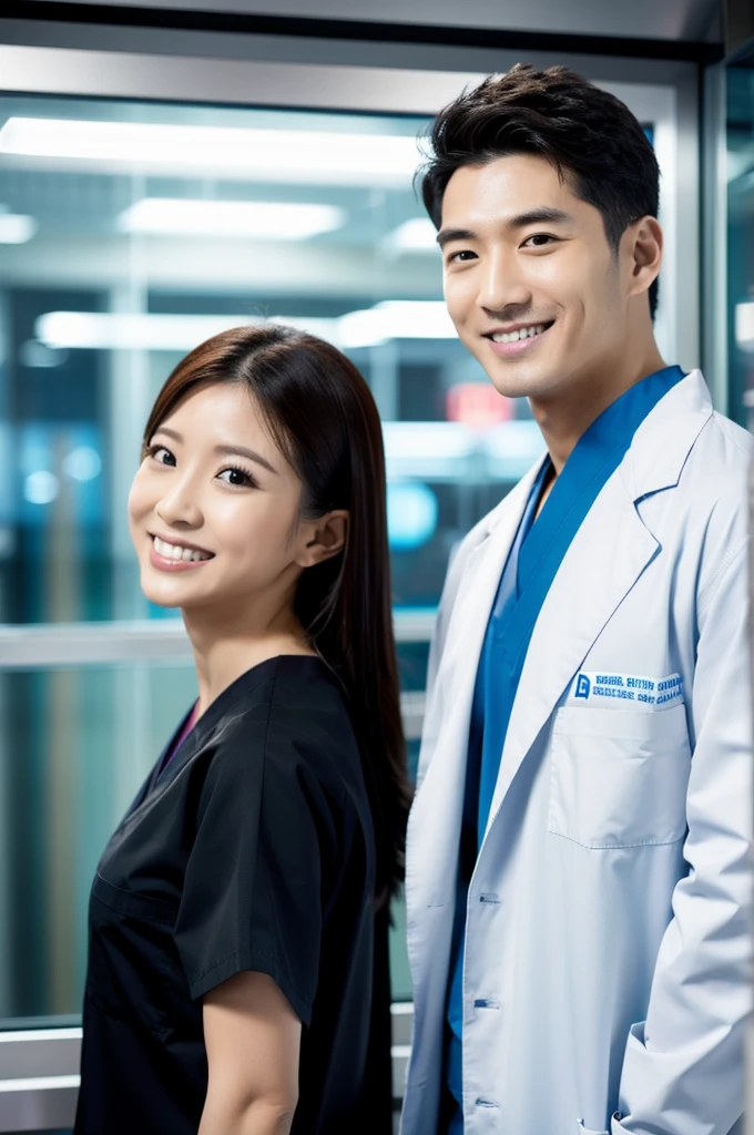 Male dentist and female dental hygienist 2people A good business partner 日本people Wearing a lab coat Wearing all-black medical scrubs Upper body close-up high resolution high resolution Highest quality Look straight ahead Handsome Men and Beautiful Women