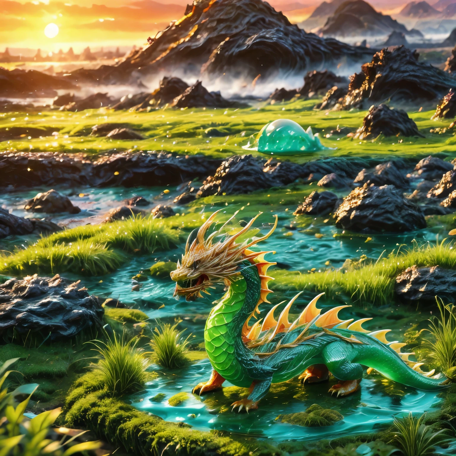 best quality, very good, 1.60,000, ridiculous, Extremely detailed, Gorgeous slime dragon background grassland made of translucent boiling lava ((A masterpiece full of fantasy elements))), ((best quality)), ((Intricate details)) (8K)